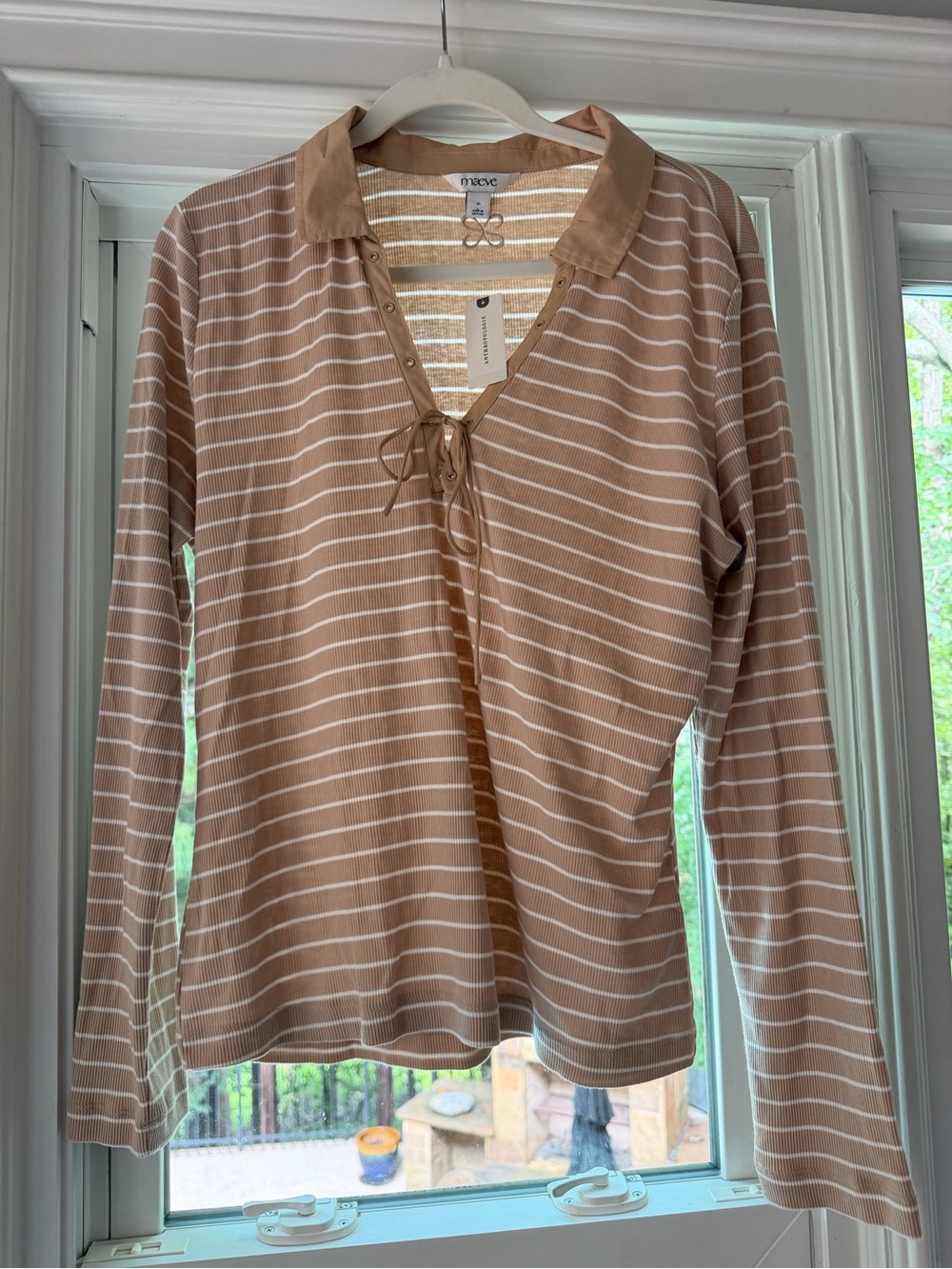 Anthropologie Maeve Lace-Up Long Sleeve Shirt Beige and White Size XL NWT